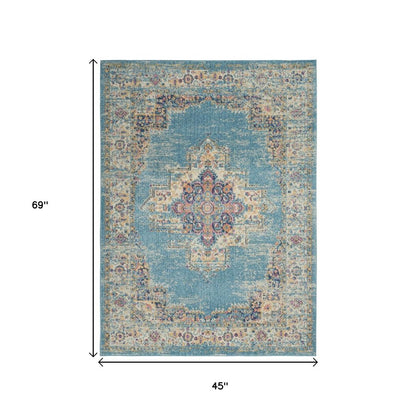 4' X 6' Blue And Ivory Southwestern Distressed Area Rug