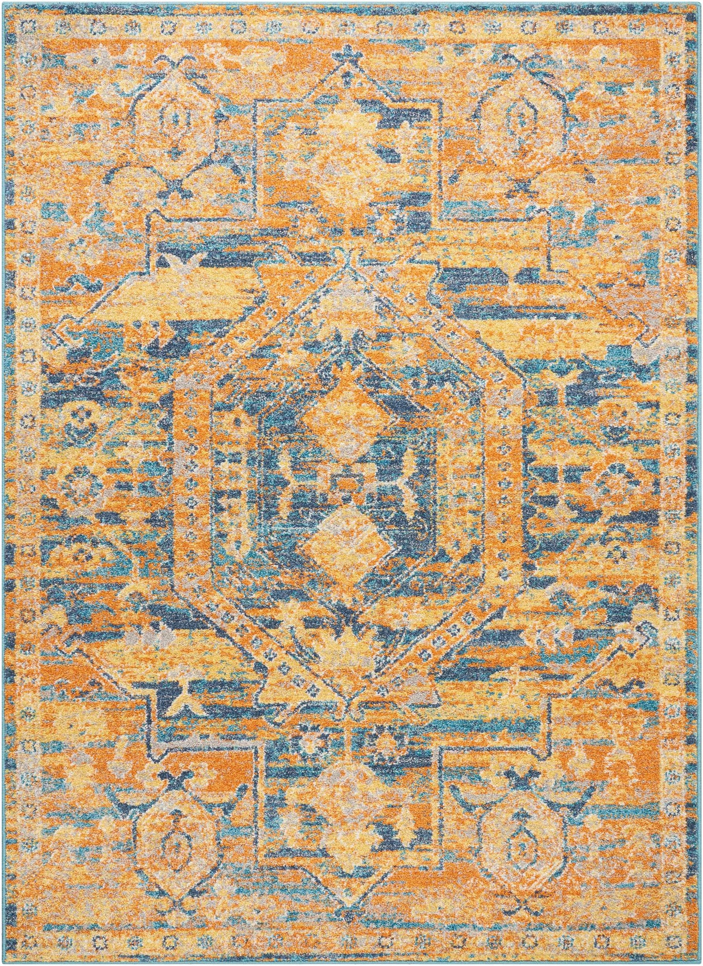 4' X 6' Teal And Gold Medallion Distressed Area Rug