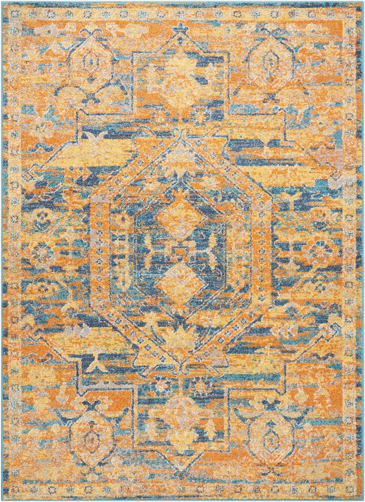 4' X 6' Teal And Gold Medallion Distressed Area Rug