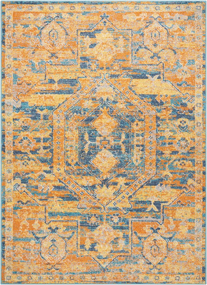 4' X 6' Teal And Gold Medallion Distressed Area Rug