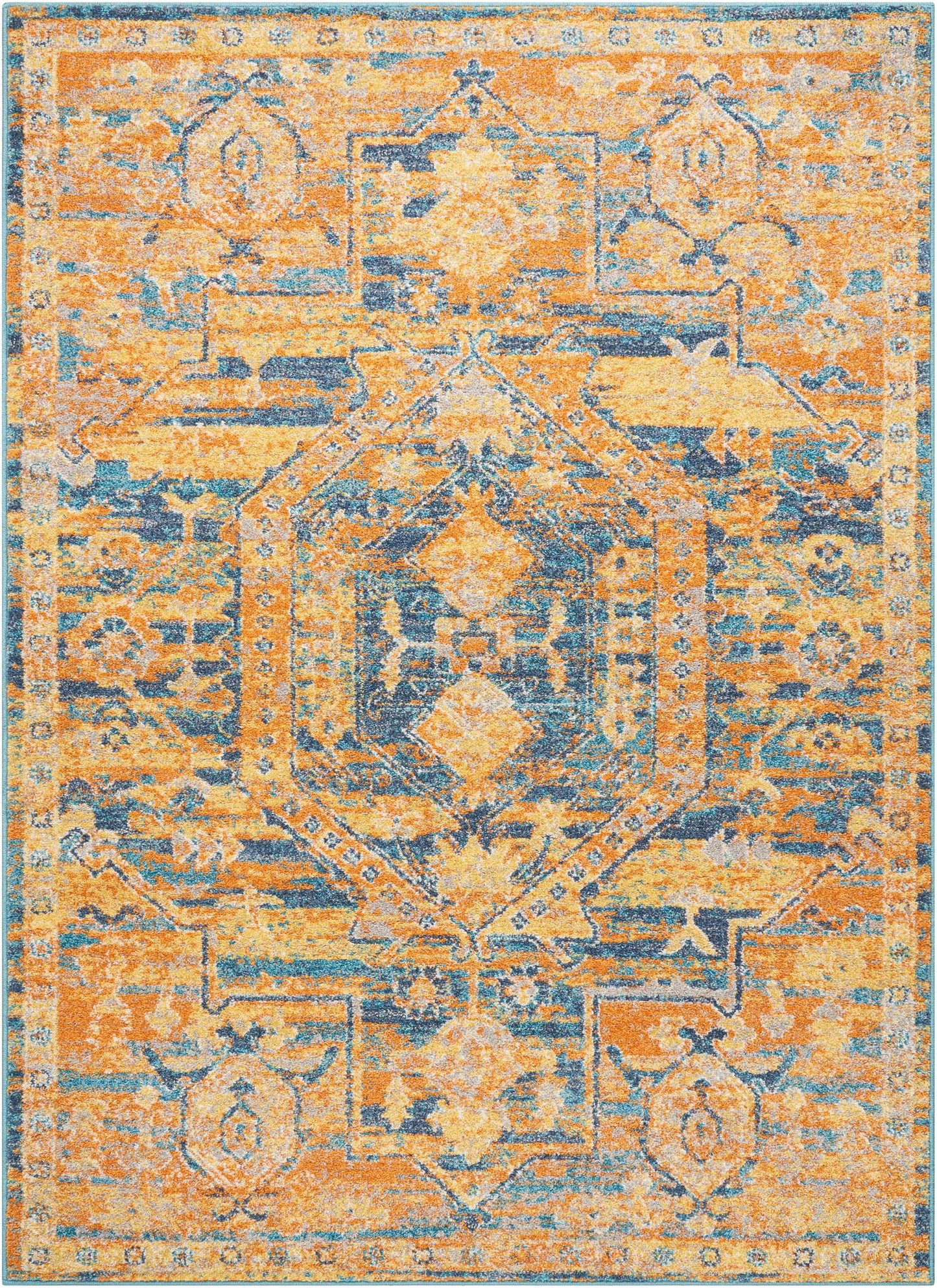 4' X 6' Teal And Gold Medallion Distressed Area Rug