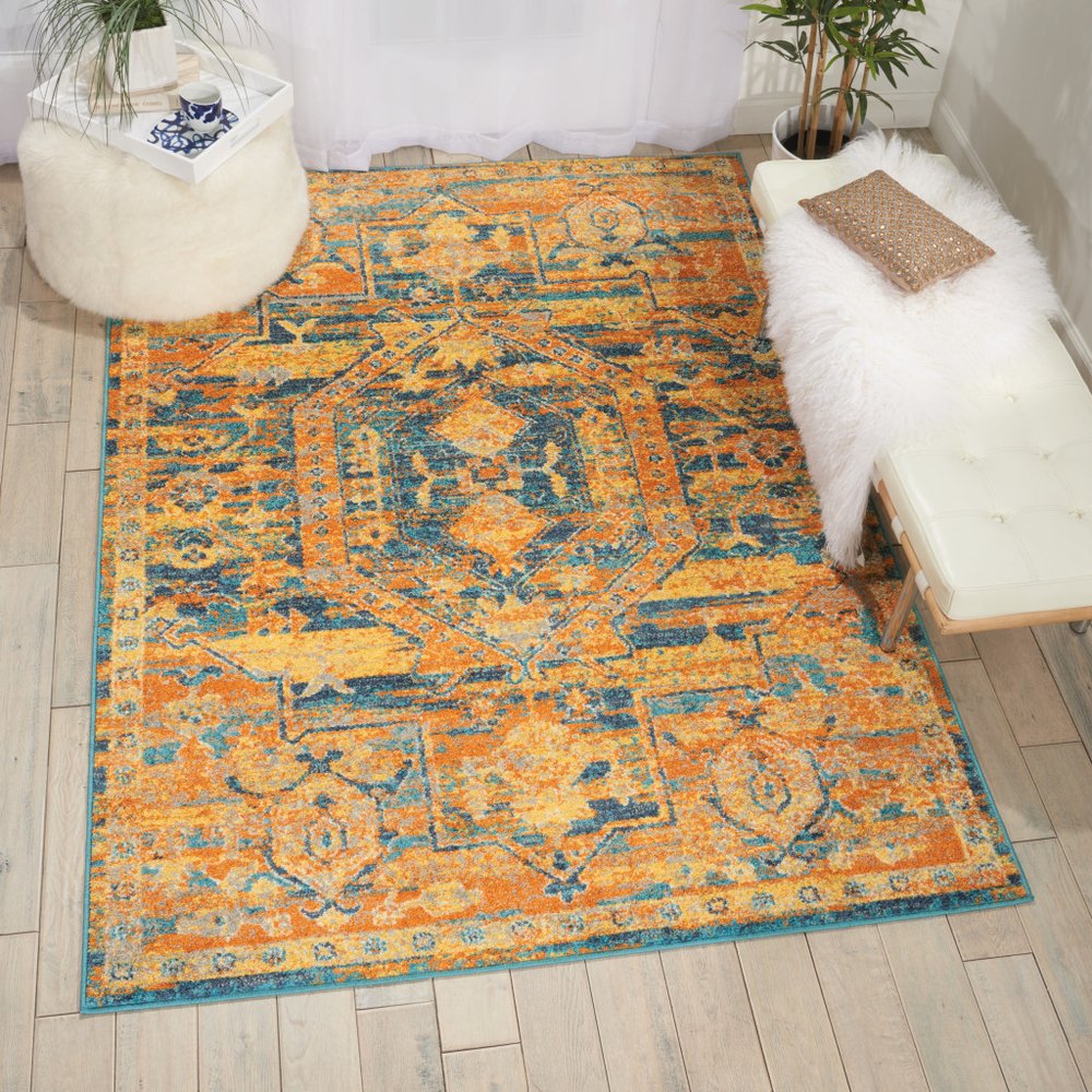 4' X 6' Teal And Gold Medallion Distressed Area Rug