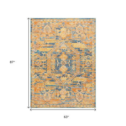 4' X 6' Teal And Gold Medallion Distressed Area Rug