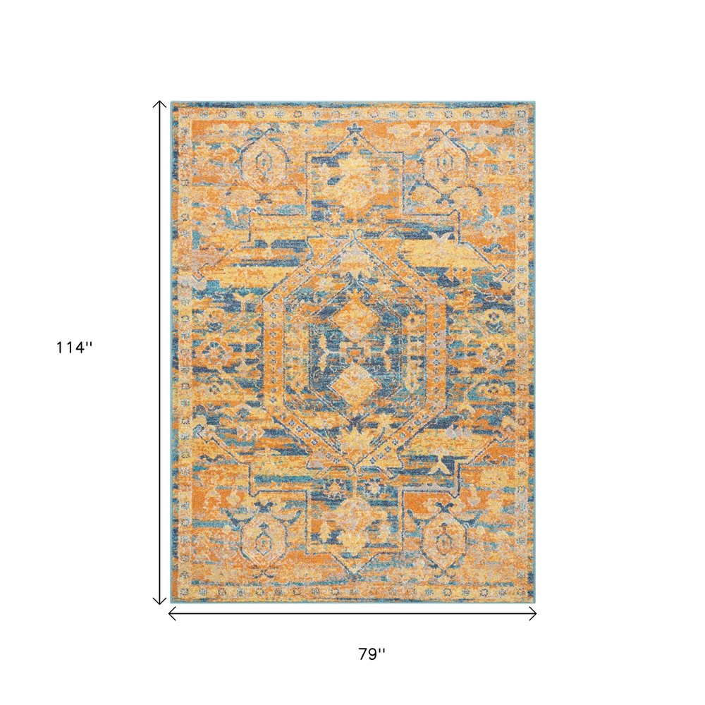 4' X 6' Teal And Gold Medallion Distressed Area Rug