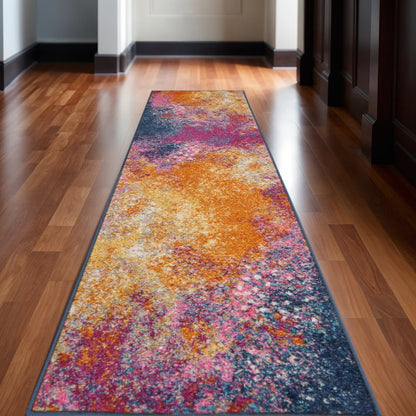 10' Blue And Orange Abstract Runner Rug