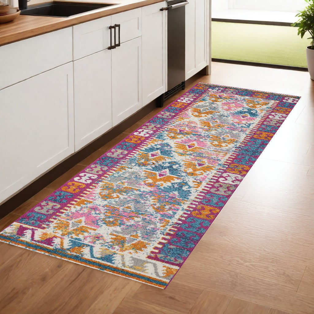 8' Ivory Geometric Power Loom Runner Rug