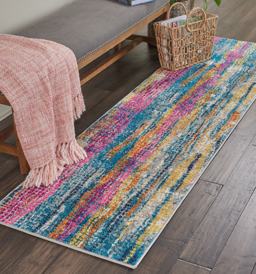 5' X 7' Blue Pink And Gold Abstract Distressed Area Rug