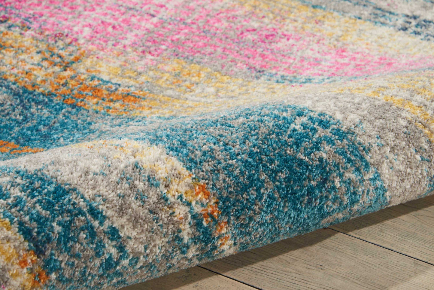 5' X 7' Blue Pink And Gold Abstract Distressed Area Rug