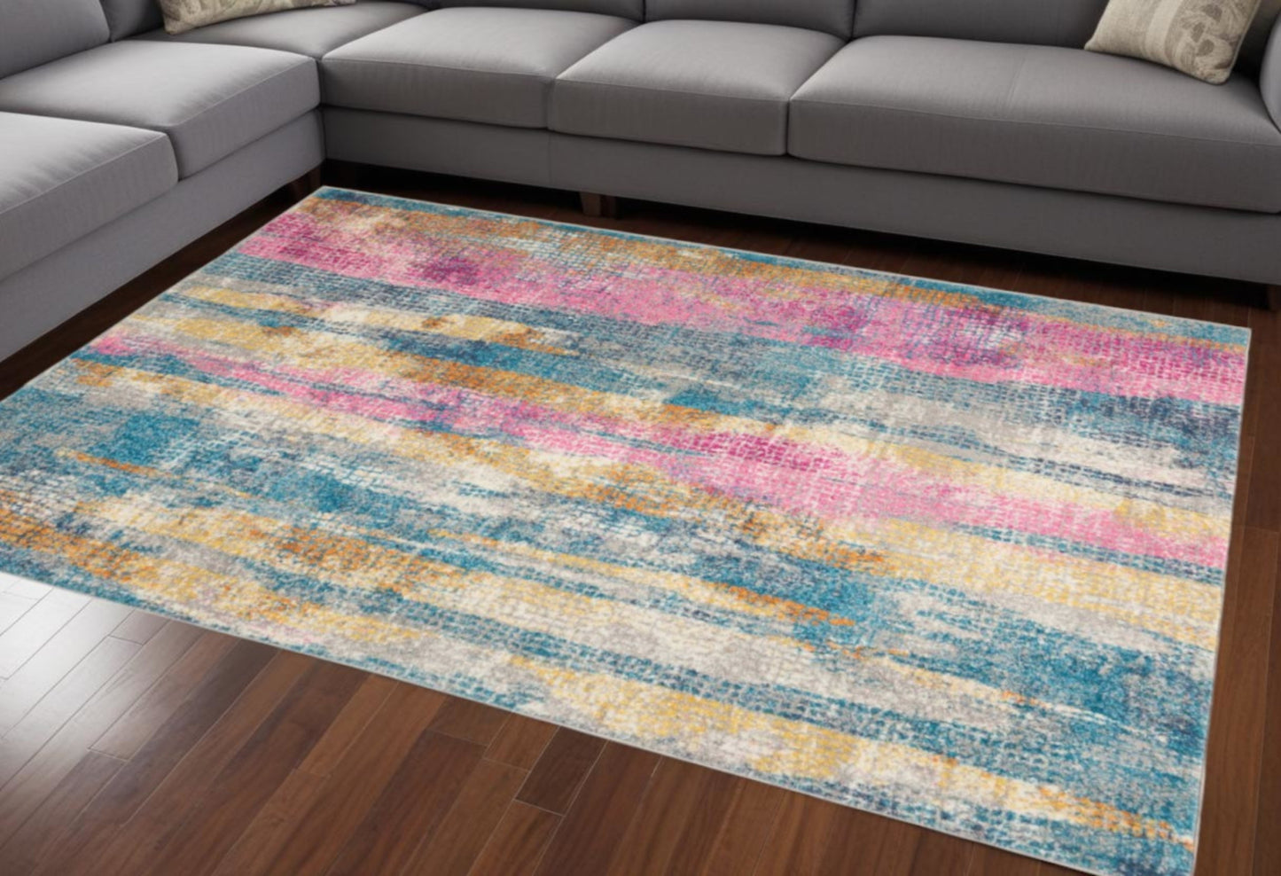 5' X 7' Blue Pink And Gold Abstract Distressed Area Rug