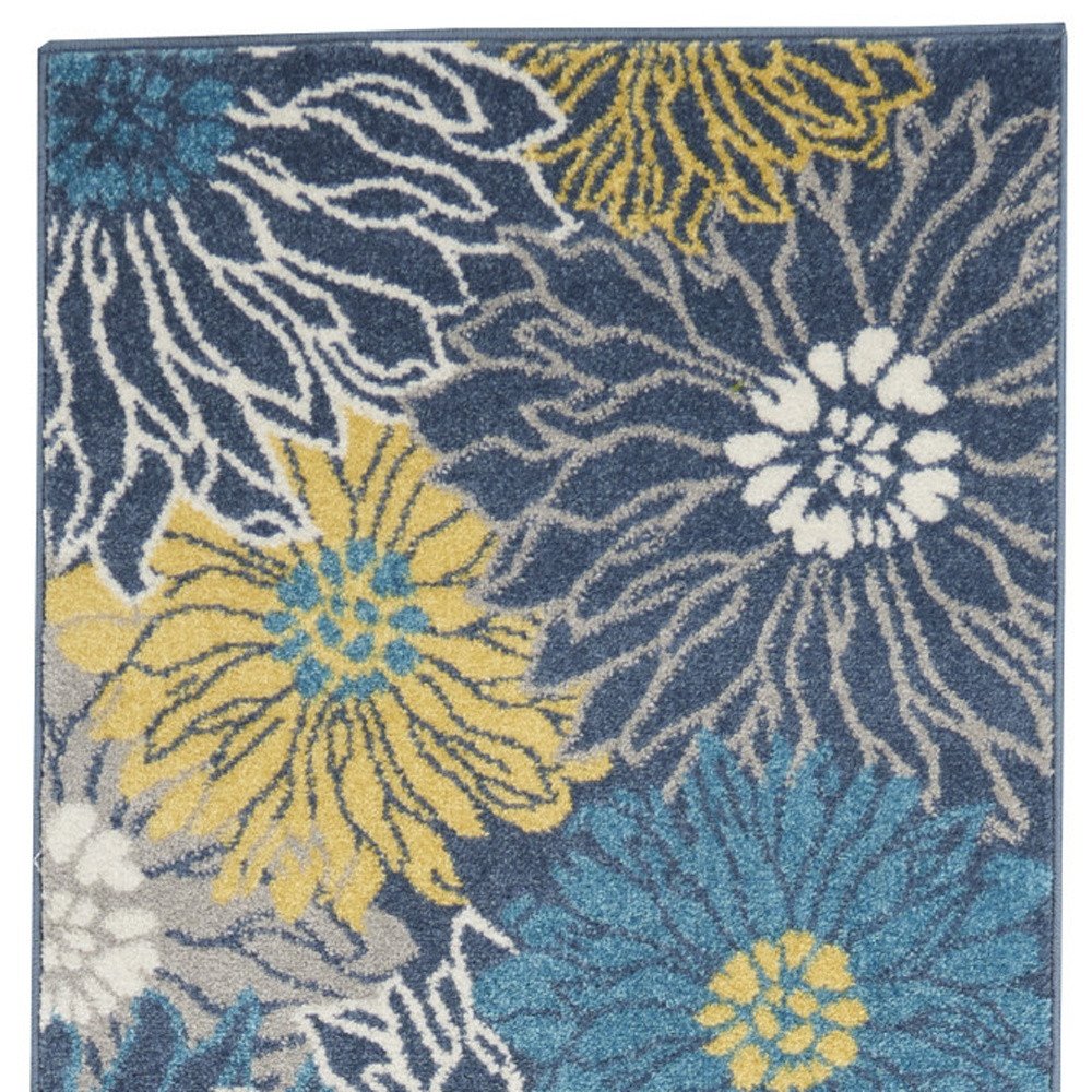 4' Blue And Gold Floral Round Rug