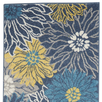 4' Blue And Gold Floral Round Rug