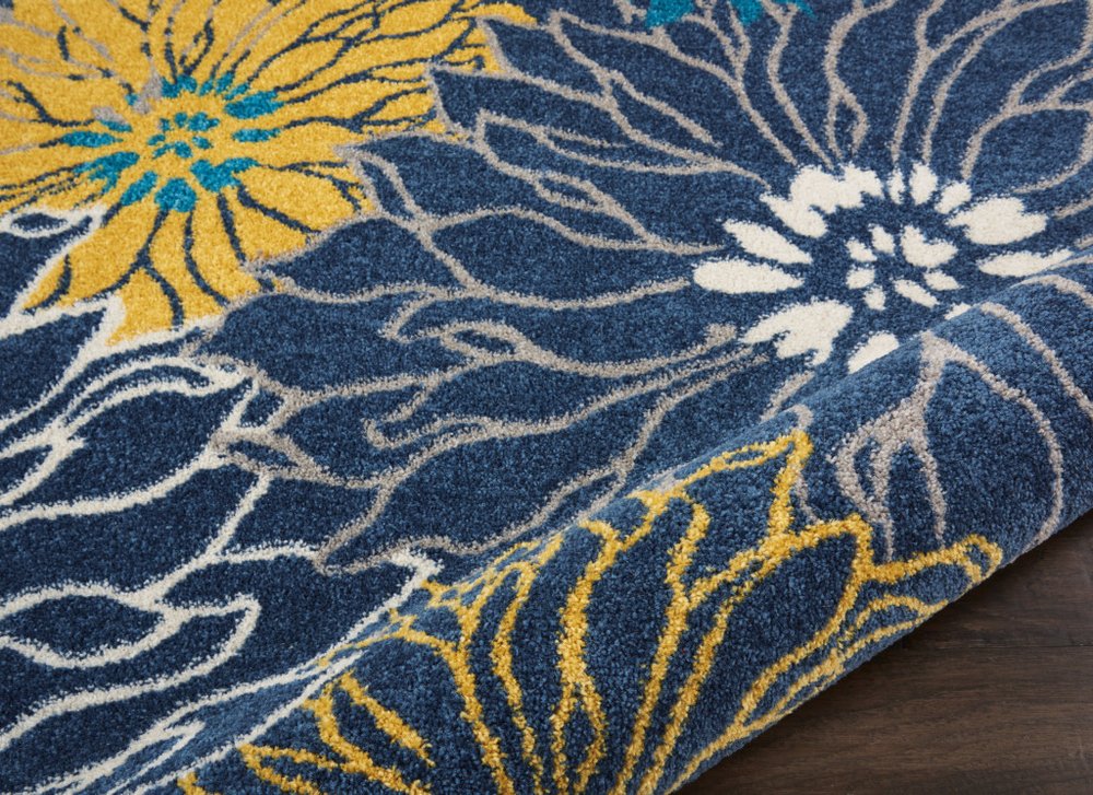 4' Blue And Gold Floral Round Rug