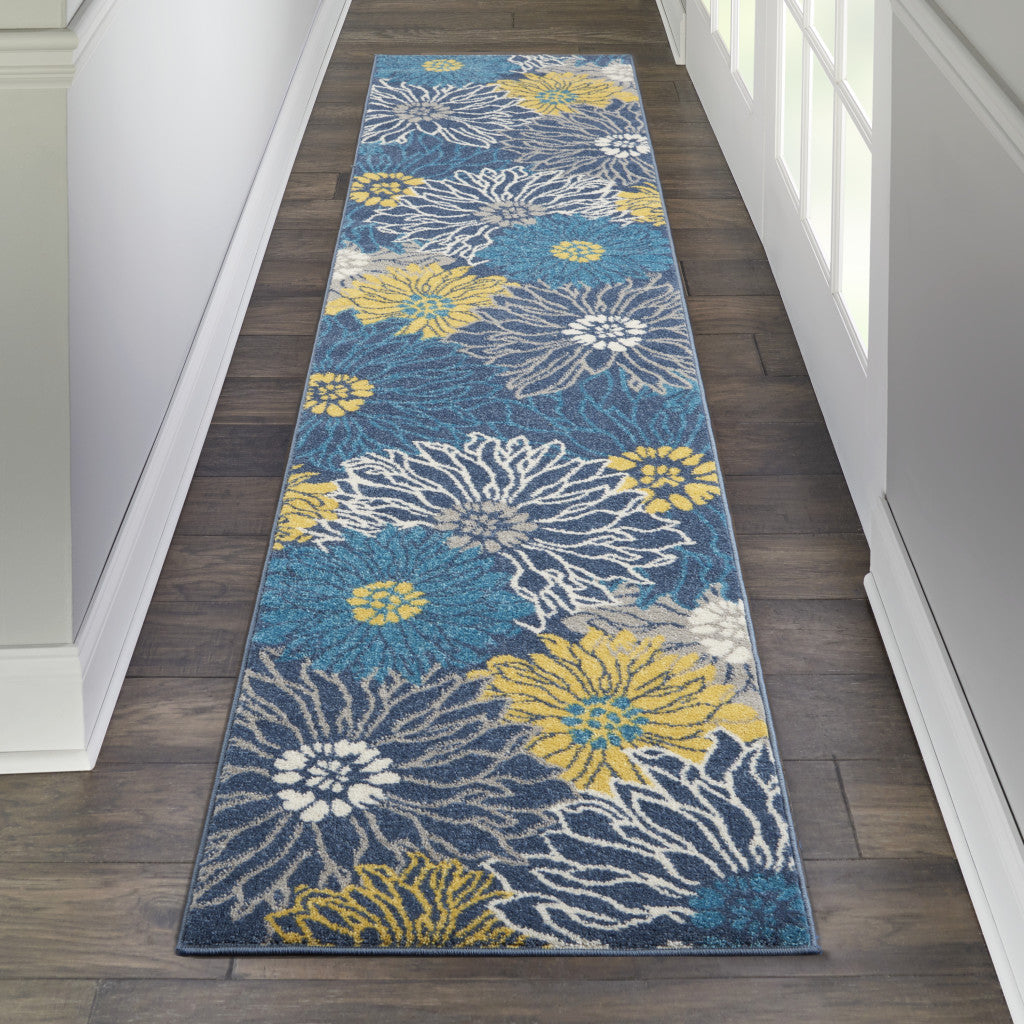 10' Blue Floral Power Loom Runner Rug