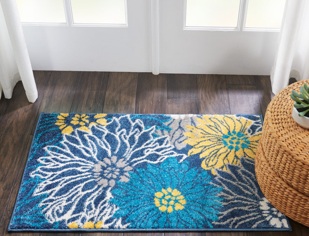 8' Blue Floral Power Loom Runner Rug