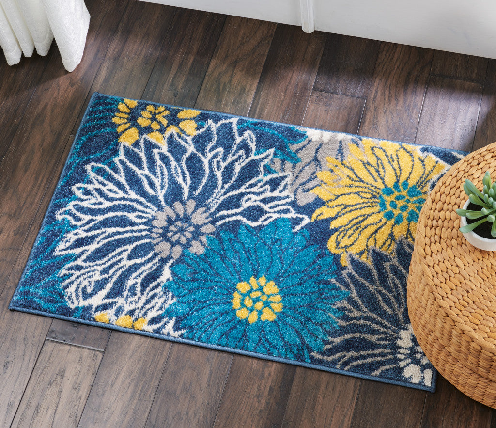 10' Blue Floral Power Loom Runner Rug