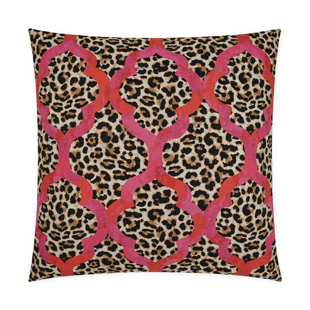 Square decorative cushion with leopard print and hot pink geometric lattice overlay; bold, statement home decor.