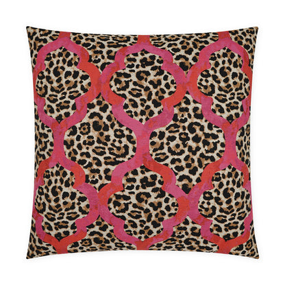 Square decorative cushion with leopard print and hot pink geometric lattice overlay; bold, statement home decor.