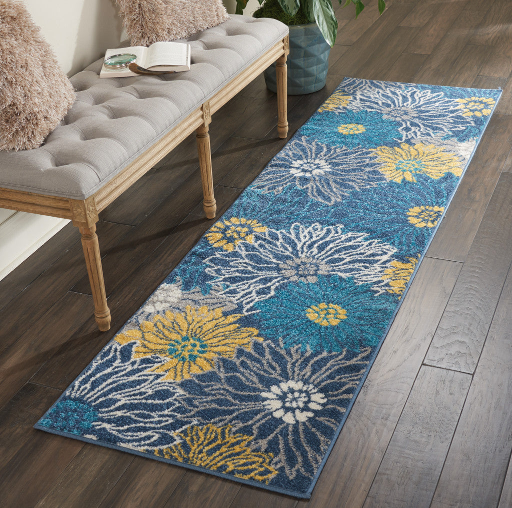 8' Blue Floral Power Loom Runner Rug