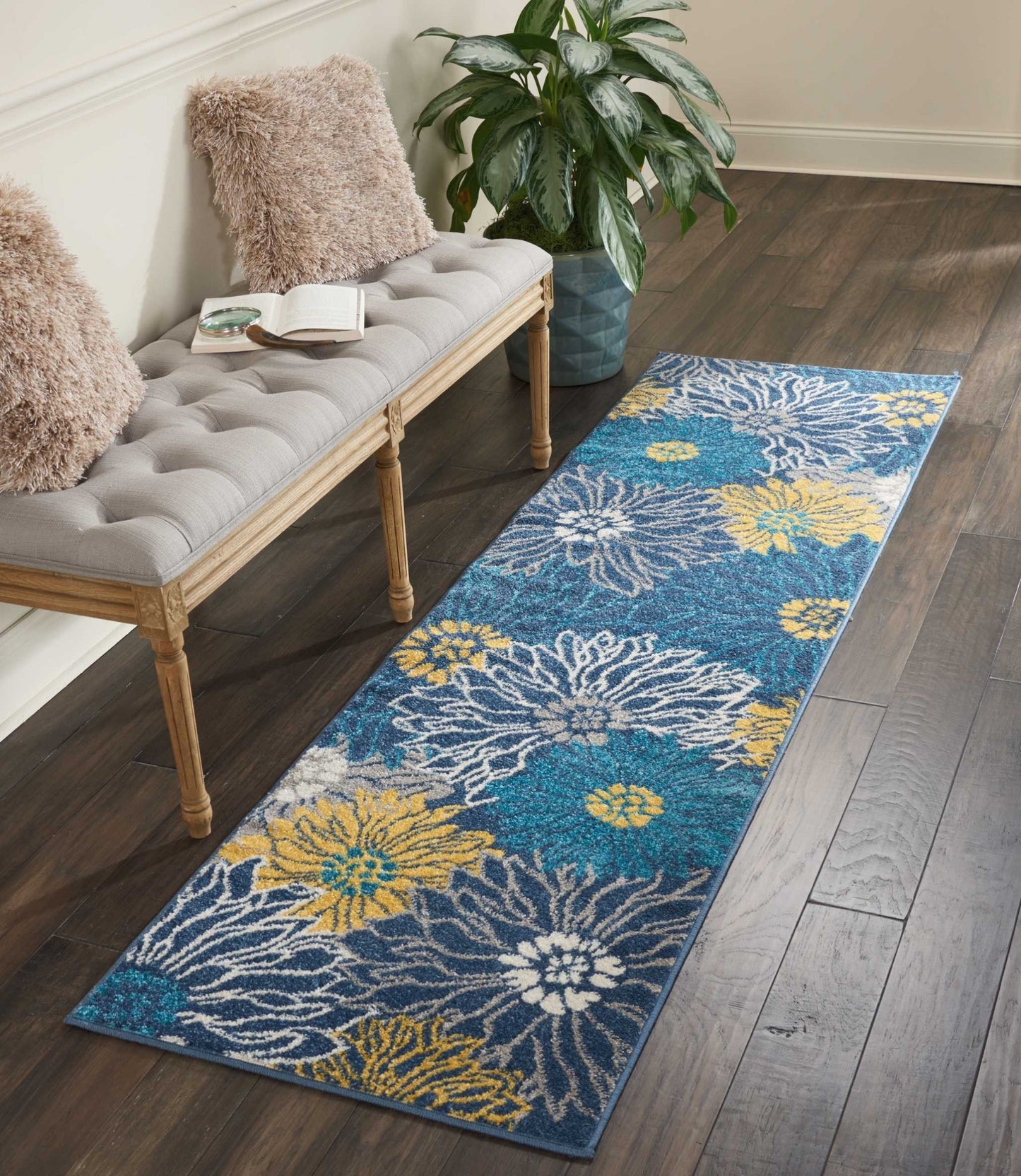 10' Blue Floral Power Loom Runner Rug