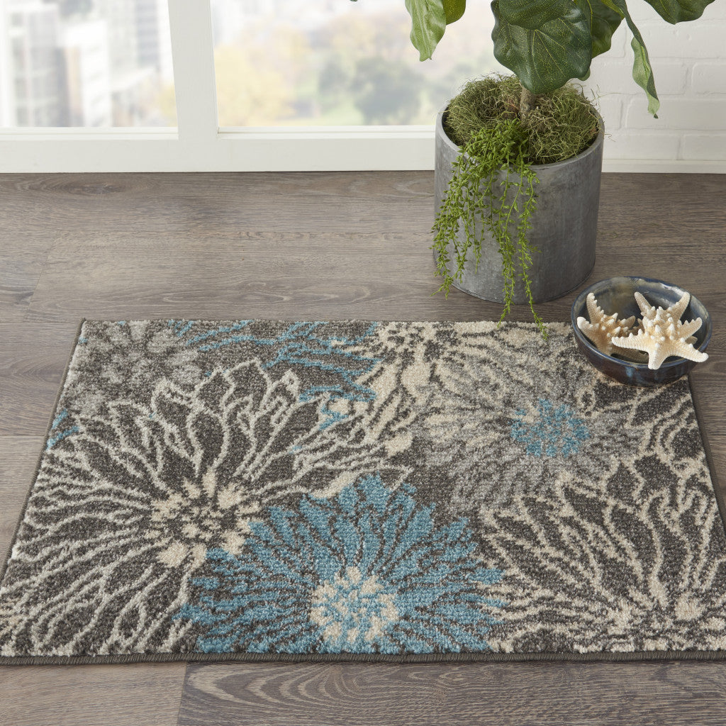 4' X 6' Blue And Gray Floral Power Loom Area Rug