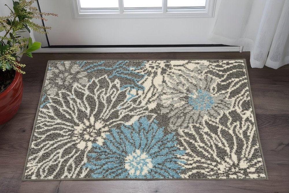 5' Blue And Gray Floral Round Rug