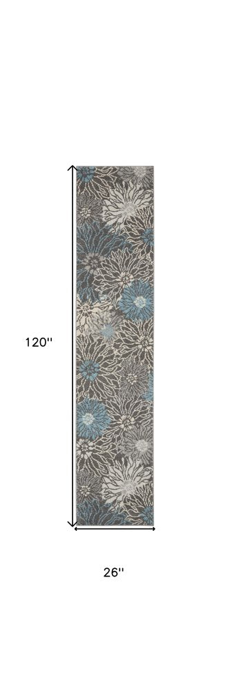 10' Blue And Gray Floral Runner Rug