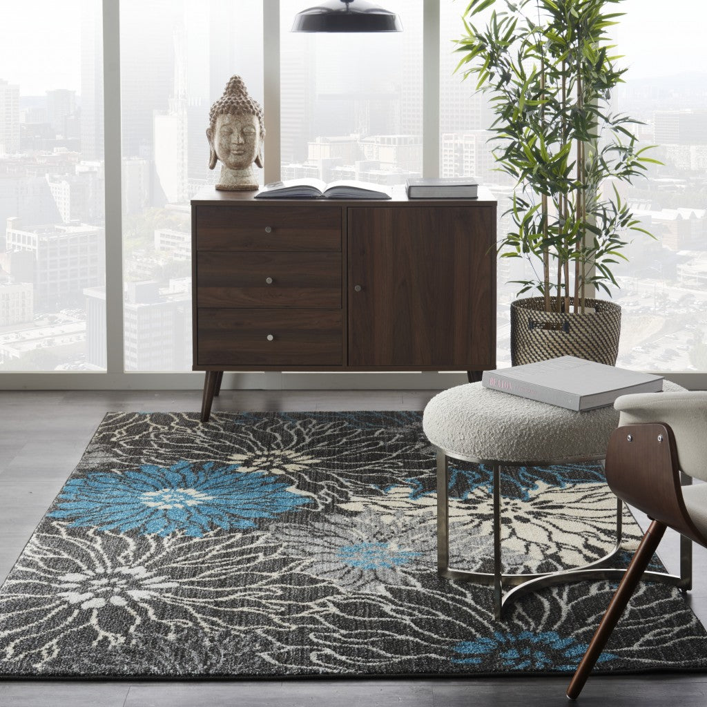 4' X 6' Blue And Gray Floral Power Loom Area Rug