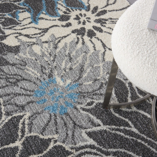 10' Blue And Gray Floral Power Loom Runner Rug