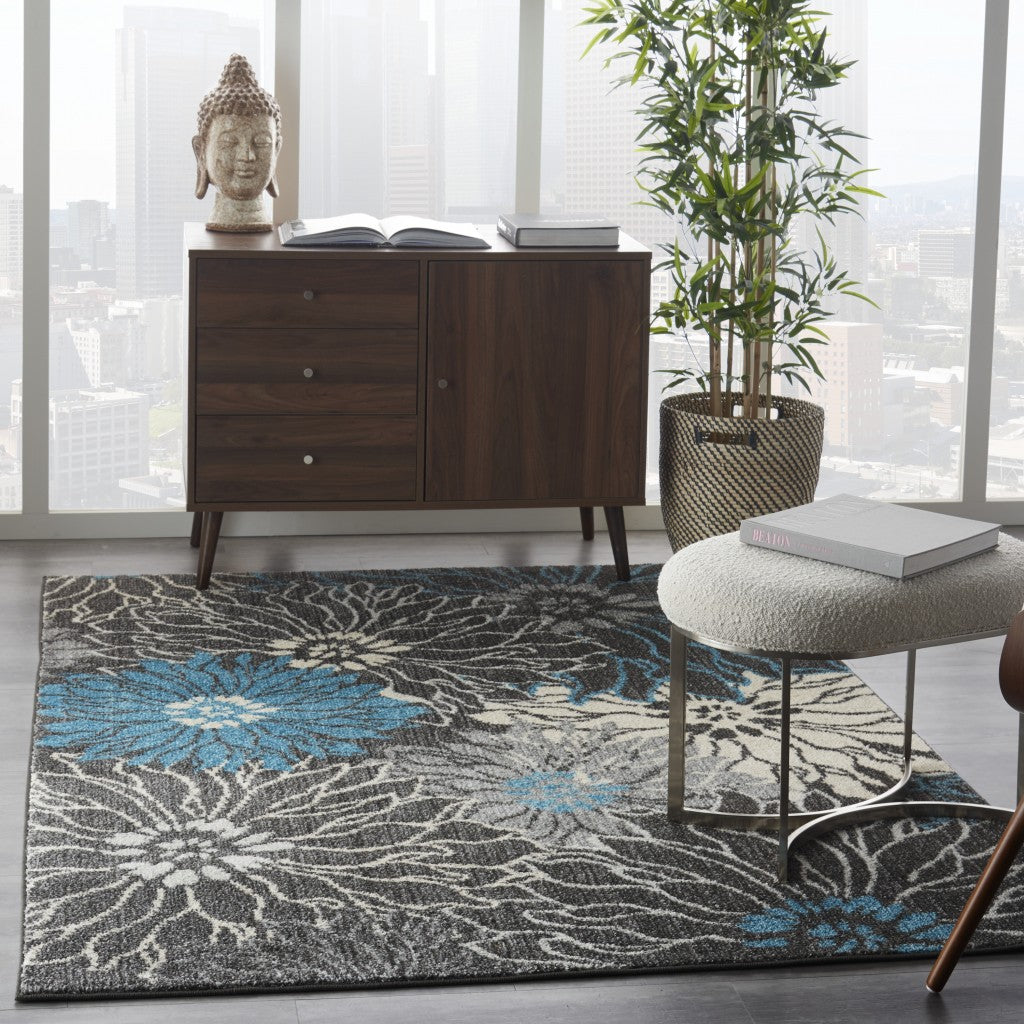 4' X 6' Blue And Gray Floral Power Loom Area Rug