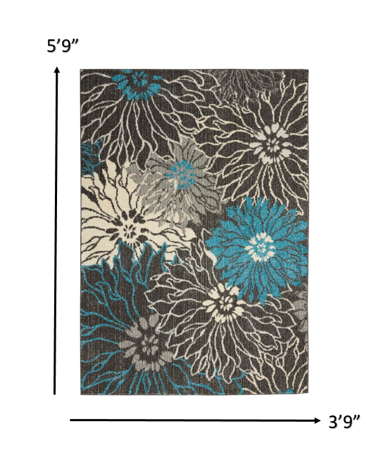 4' X 6' Blue And Gray Floral Power Loom Area Rug