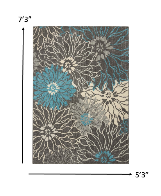 2' X 3' Blue And Gray Floral Power Loom Area Rug