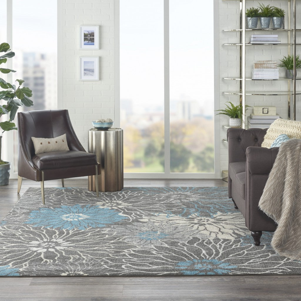 2' X 3' Blue And Gray Floral Power Loom Area Rug