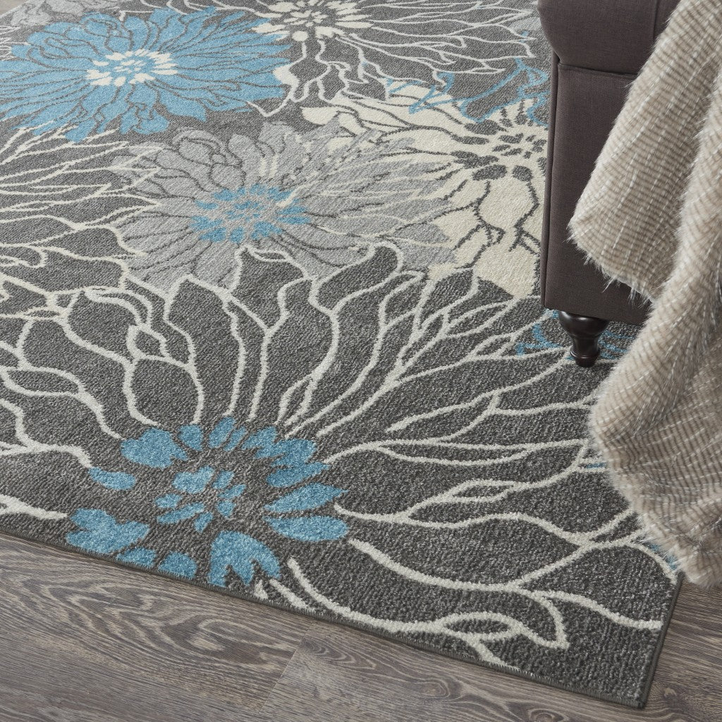 2' X 3' Blue And Gray Floral Power Loom Area Rug