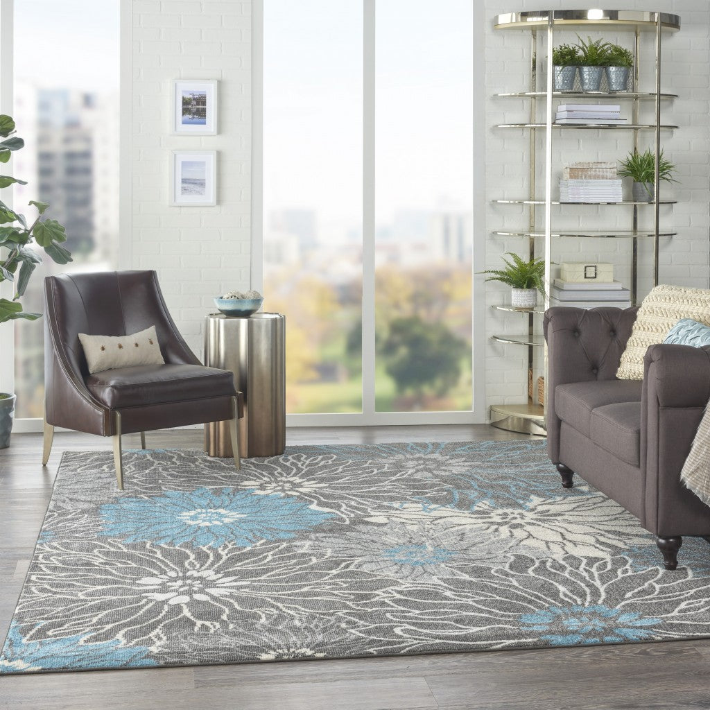 2' X 3' Blue And Gray Floral Power Loom Area Rug