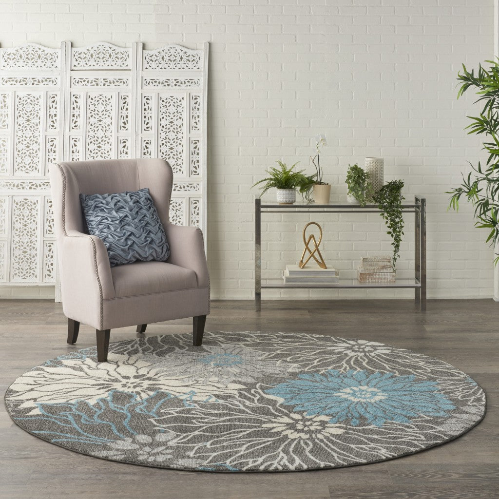 2' X 3' Blue And Gray Floral Power Loom Area Rug