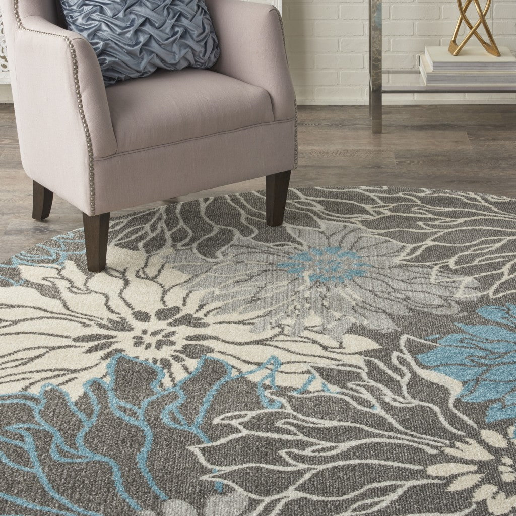 2' X 3' Blue And Gray Floral Power Loom Area Rug