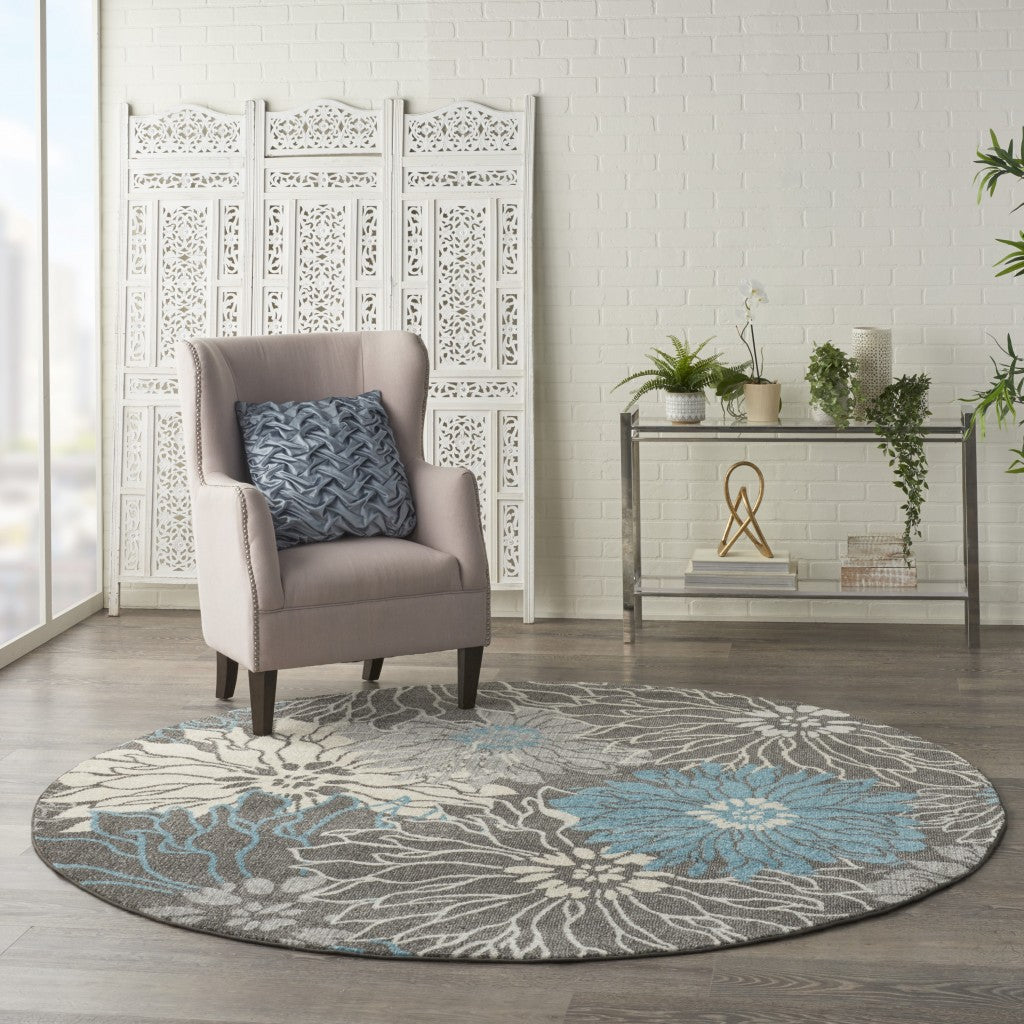 2' X 3' Blue And Gray Floral Power Loom Area Rug