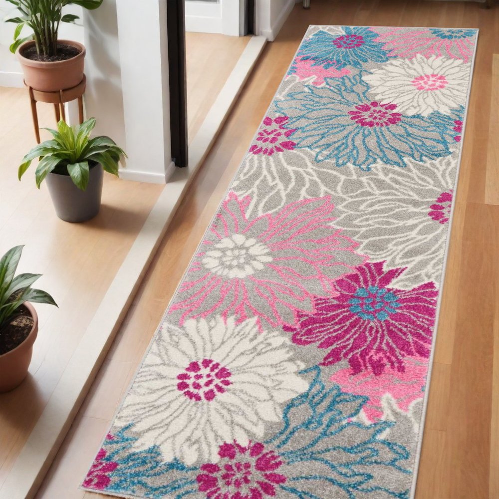 8' Gray And Pink Floral Runner Rug