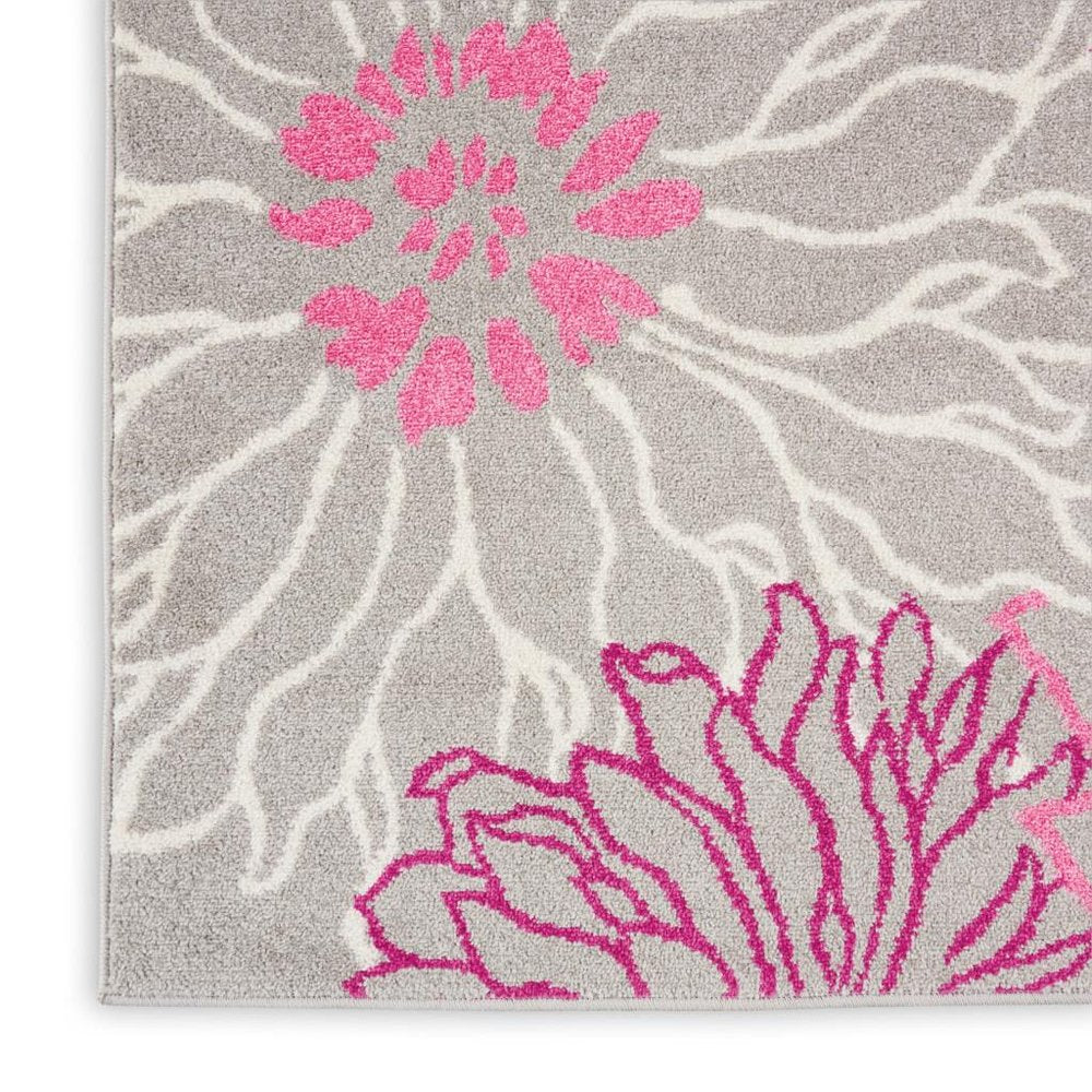 4' Gray And Pink Floral Round Rug