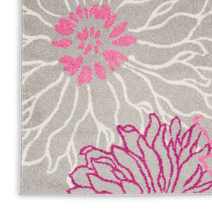 8' Gray And Pink Floral Runner Rug