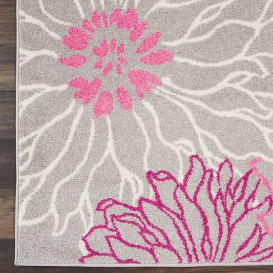 7' X 10' Gray And Pink Floral Area Rug