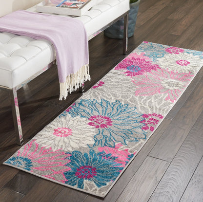 8' Gray And Pink Floral Runner Rug