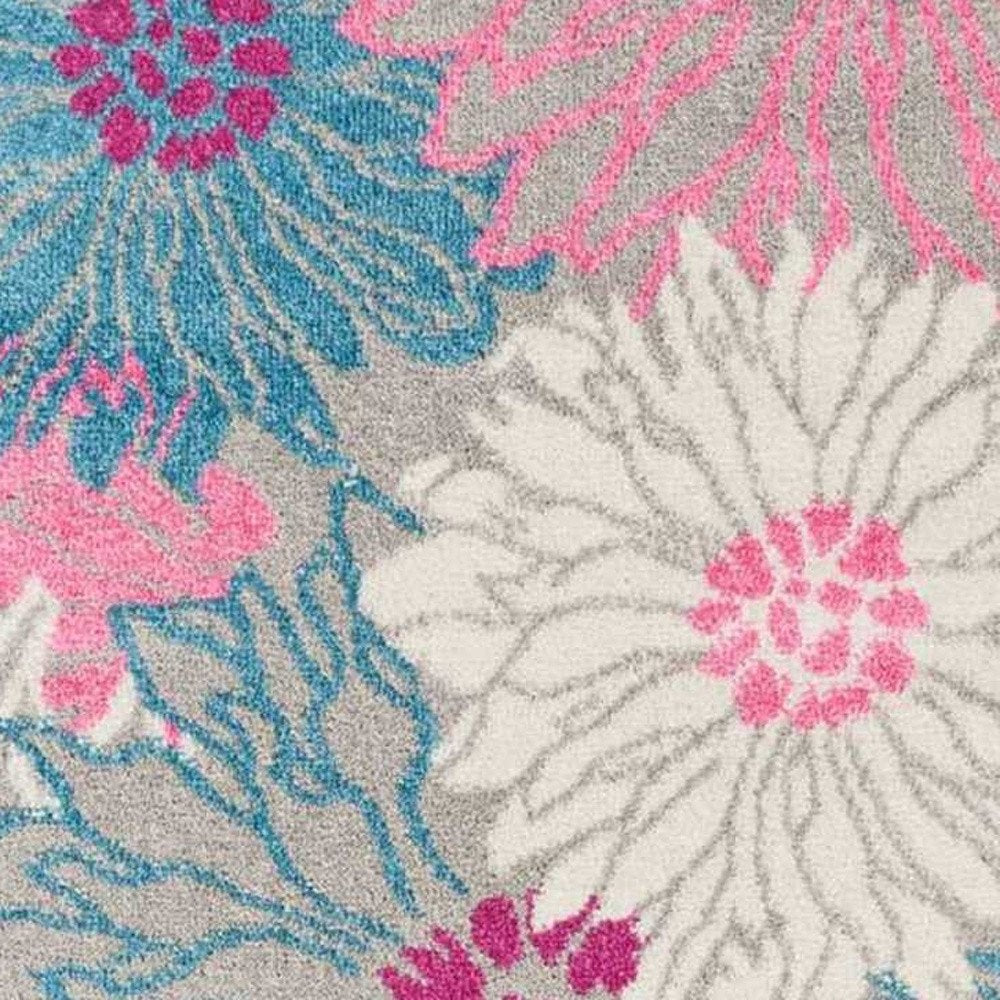 8' Gray And Pink Floral Runner Rug