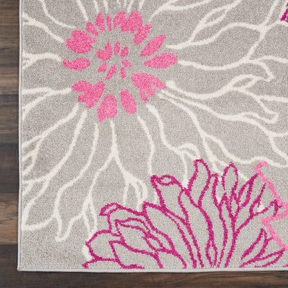 8' Gray And Pink Floral Runner Rug