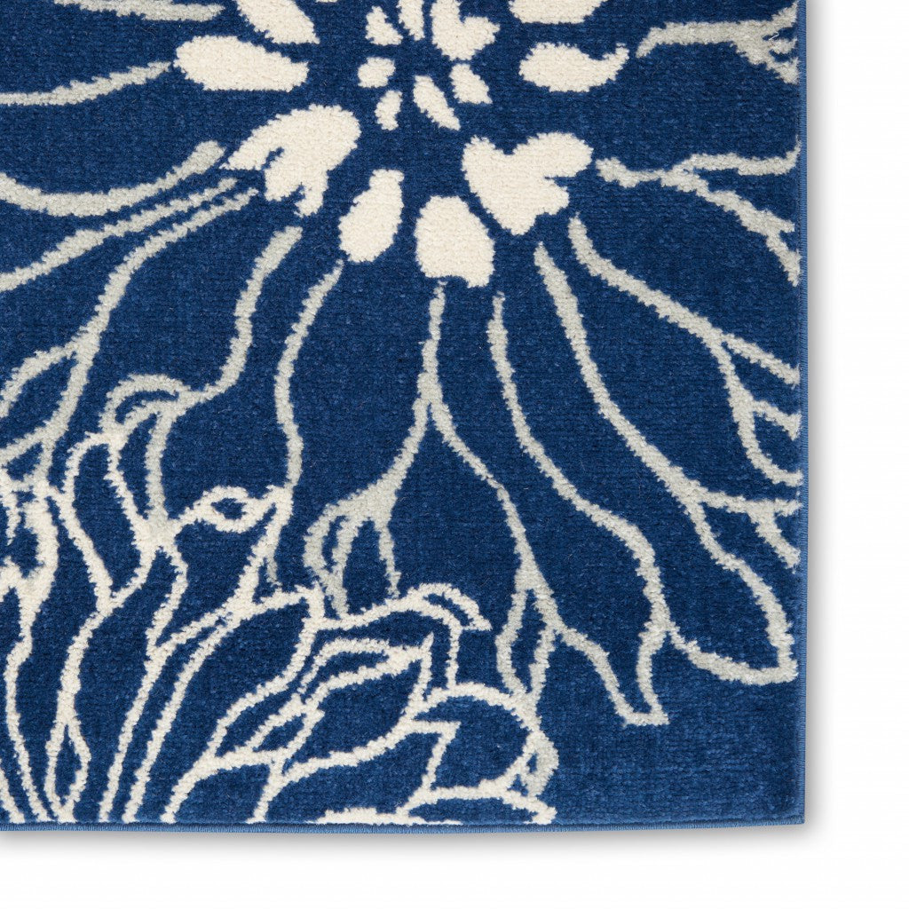 8' Blue And Ivory Round Floral Dhurrie Area Rug