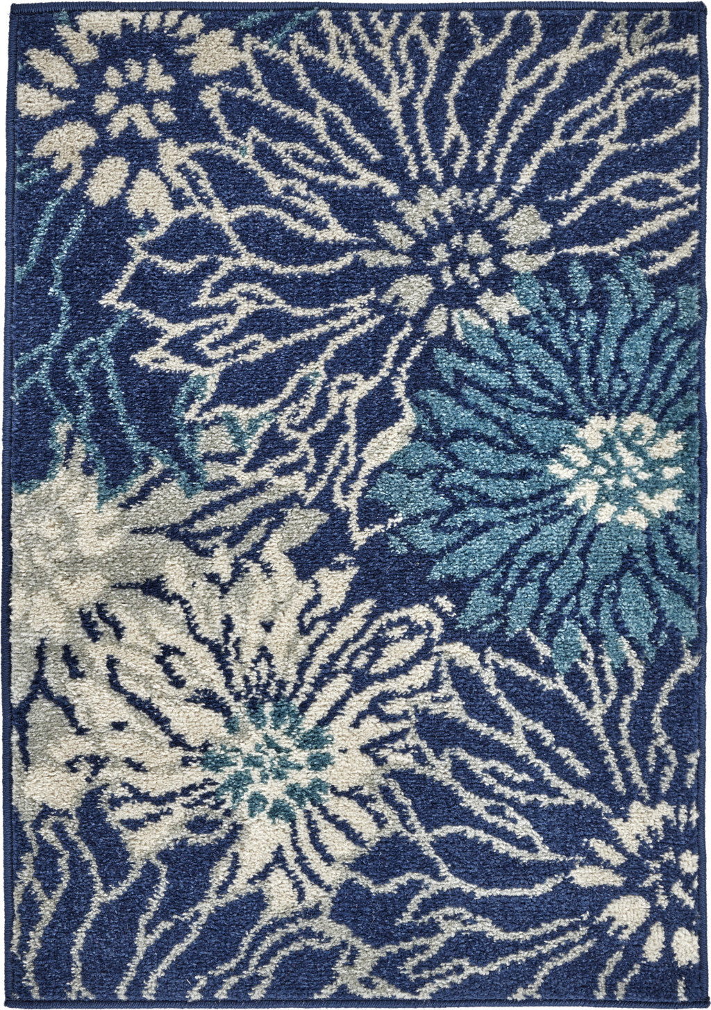 7' X 10' Blue And Ivory Floral Power Loom Area Rug