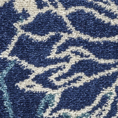 8' Blue And Ivory Floral Round Rug