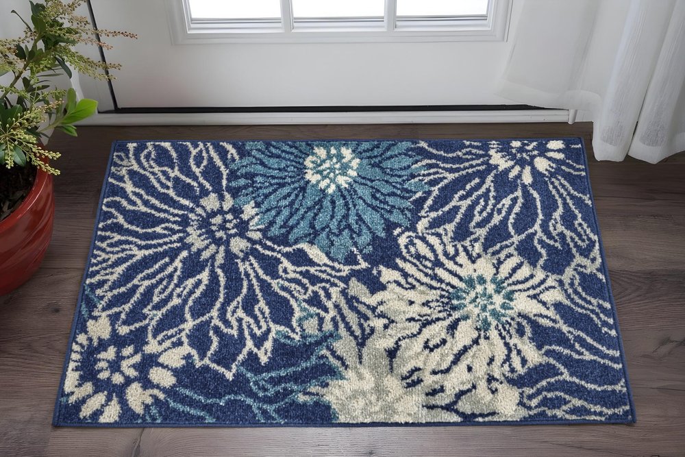 8' Blue And Ivory Floral Round Rug