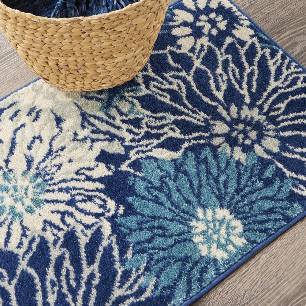 6' Blue And Ivory Floral Runner Rug