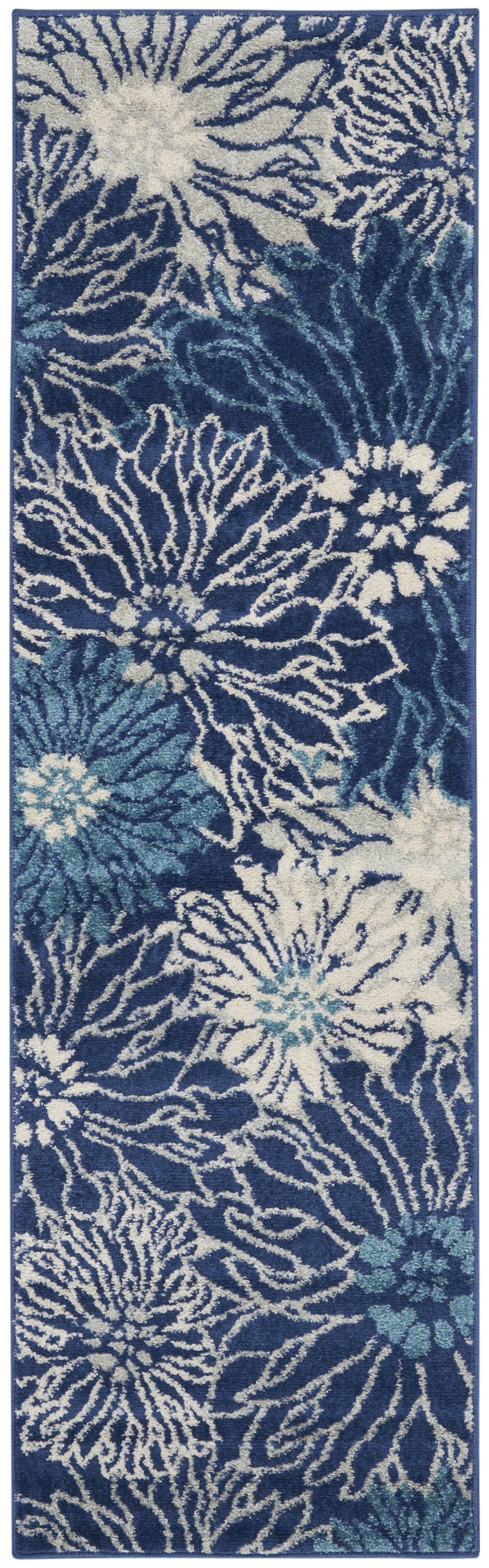 8' Blue And Ivory Round Floral Dhurrie Area Rug